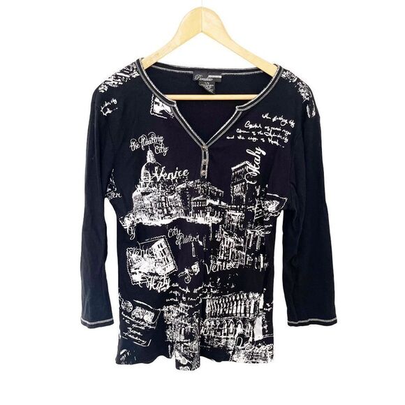 Paradisio Black White Italy Graphics V-neck Y2K style T-shirt - Picture 1 of 6